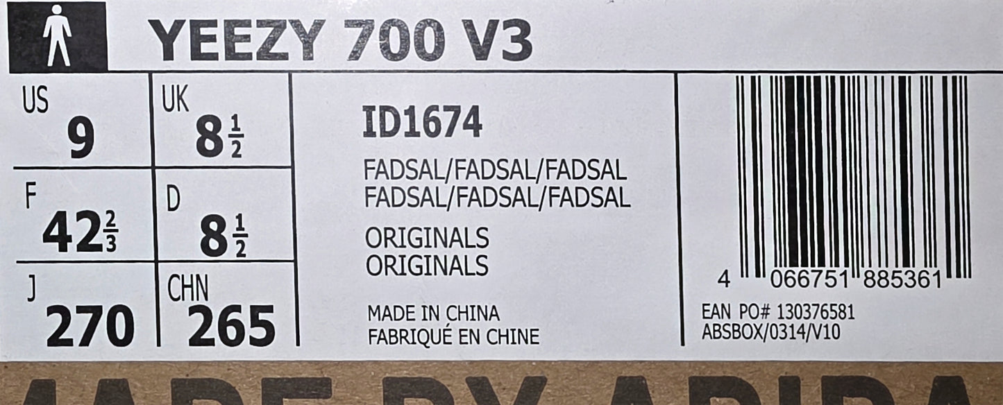 Yeezy 700 V3 (ID1674) FADSAL Brand New Men's 9 Women's 10.5 Glow in the Dark